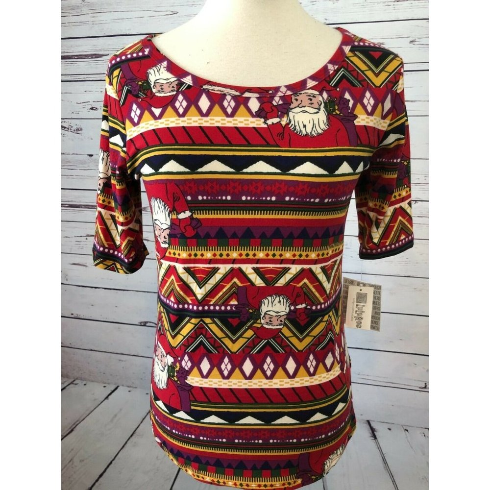 Santa Claus Ugly Christmas Shirt NWT Womens size Small Blouse Lularoe Gigi AOP